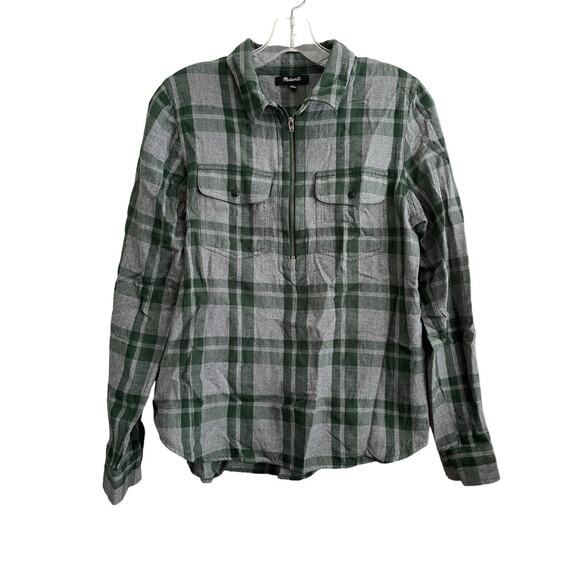 Madewell Flannel Zip Front Popover Shirt Women Size‎ Medium Gray Green Plaid - Picture 1 of 6